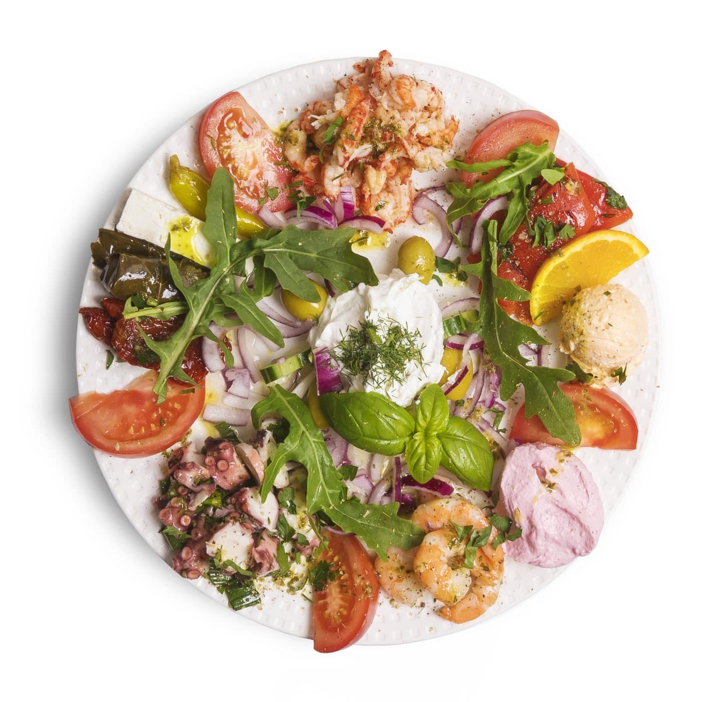 Gemischte Vorspeisenplatte mit Oktopus, Garnelen, Weinblättern, Feta, Tomaten, Rucola und Dips